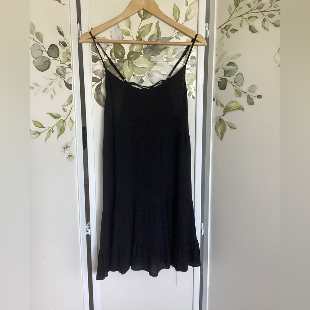 Black dress Sz L Ambiance sundress lace up back babydoll mini EUC